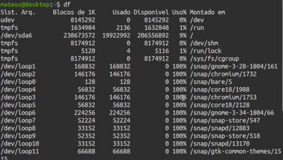 saída comando df no terminal